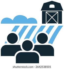 Farm community icon vector symbolizing the interconnectedness of rural life. Ideal for themes of local food, cooperative farming, social gatherings, shared resources, and agricultural heritage.