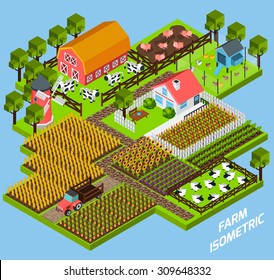 Farm complex constructive toy blocks composition with farmhouse backyard surrounded by fiels and pasture isometric vector illustration