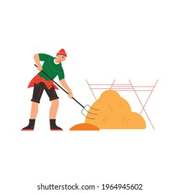 Farm composition with human character of male worker with hay and pitchfork vector illustration
