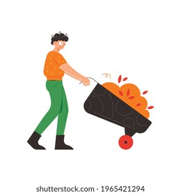 Farm composition with human character of worker with hand wheel barrow trolley with single wheel vector illustration