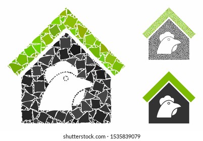 Farm composition of trembly pieces in different sizes and color tinges, based on farm icon. Vector trembly parts are united into composition. Farm icons collage with dotted pattern.