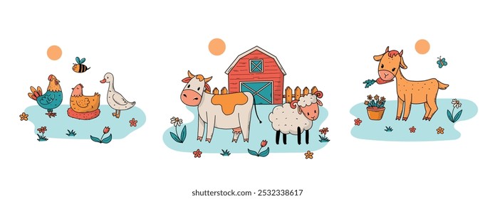 Farm compositions of doodles, cartoon elements qith cow, sheep, goat, chickens and flowers. Good for nursery prints, cards, posters, products packaging, stickers, nursery decor, etc. EPS 10