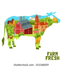 Farm concept with agriculture elements in cow shape vector illustration