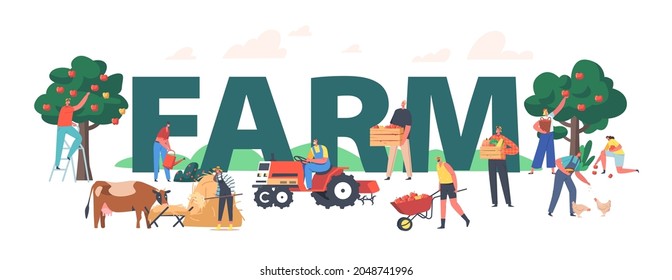 Farm Concept. Farmers Doing Farming Job Feed Cow And Fowl, Care Of Domestic Animals At Livestock. Characters Working With Cattle, Harvesting Poster, Banner Or Flyer. Cartoon People Vector Illustration