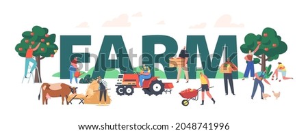 Farm Concept. Farmers Doing Farming Job Feed Cow and Fowl, Care of Domestic Animals at Livestock. Characters Working with Cattle, Harvesting Poster, Banner or Flyer. Cartoon People Vector Illustration