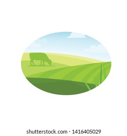Farm concept logo. Template with farm animals and rural landscape. Label for natural farm products. Logotype isolated on white background.