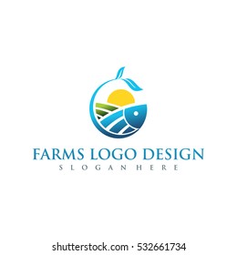 Farm Concept Logo. Template With Farm And Fish. Label For Natural Farm Products. Color Logotype Isolated On White Background. Vector Illustration.