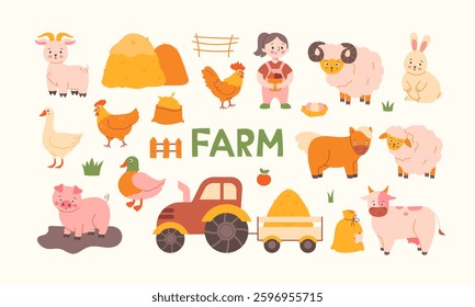 Farm Concept. A set of cute farm animals