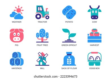 Farm concept of web icons set in simple flat design. Pack of weather, tractor, potato, cow, pig, fruit tree, green sprout, harvest, haystack, mill, eggs box, other. Vector pictograms for mobile app