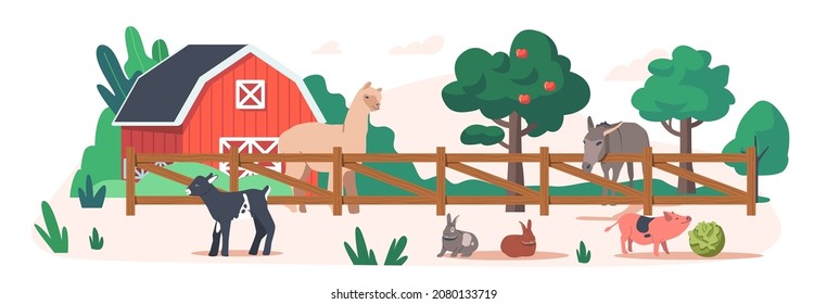 Farm or Contact Zoo with Animals, Llama, Goatling, Piglet and Rabbits with Donkey. Farmhouse with Barn, Trees and Fence Summertime Landscape, Outdoor Countryside Ranch. Cartoon Vector Illustration