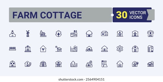 Farm Cottage Year end icon set. Includes thin line equipment, farmhouse, grow, inn, machine, industry, tractor, garden. Thin outline icons pack. Vector outline and solid icons collection.