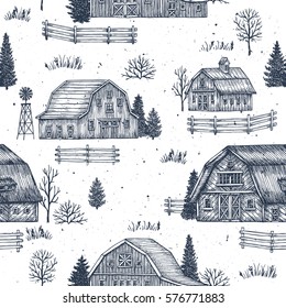 Farm country seamless pattern. Cute houses background. Engraved style illustration. Vector illustration