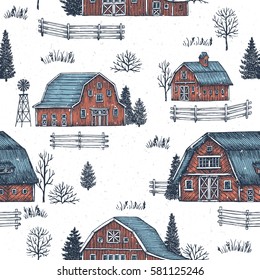 Farm country seamless pattern. Cute houses background. Engraved style illustration. Vector illustration