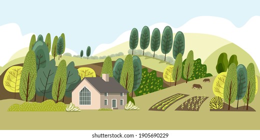 Farm in the countryside. Cottage among the trees.Ecologically clean area with blue sky and clouds.Vector illustration.