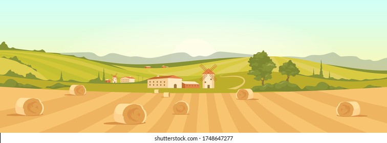 Farm in countryside flat color vector illustration. Farmland 2D cartoon landscape with mountains on background. Bales of hay on yellow agricultural field. Stacks of wheat in rural area