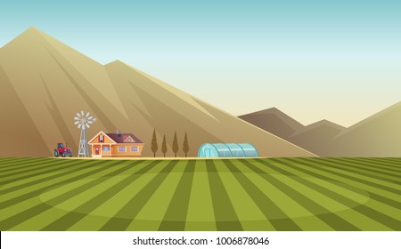 Farm and countryside landscape on mountain background. Vector cartoon illustration