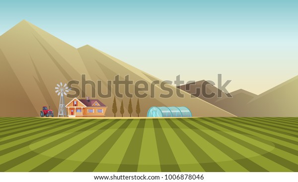 Farm Countryside Landscape On Mountain Background Stock Vector Royalty