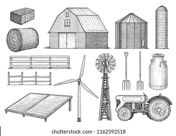 Farm, countryside, rural object collection, illustration, drawing, engraving, ink, line art, vector 
