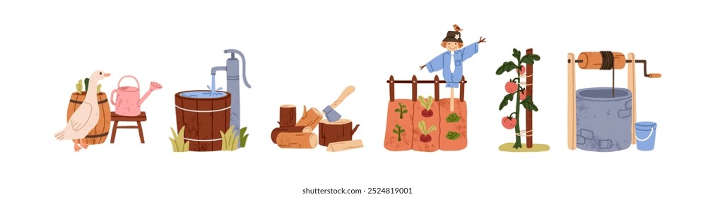 Granja, escenas del campo. Agricultura, vida de pueblo con bomba de agua, cortar madera con hacha, espantapájaros en el huerto, pozo. Ilustración vectorial plana rural aislada sobre fondo blanco