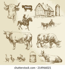 farm, cow, agriculture - hand drawn collection