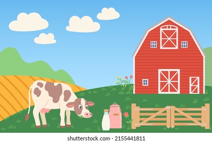 Farm with cow and barn, wooden fence and green, flat design vector illustration