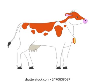 Farm cow with bell 2D cartoon character. Large cattle breeding. Milk and meat animal husbandry isolated flat vector animal white background. Agricultural livestock color spot illustration