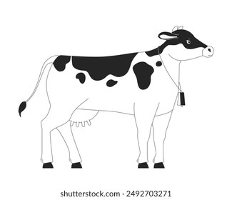 Farm cow with bell 2D cartoon character. Large cattle breeding. Milk and meat animal husbandry isolated flat vector animal white background. Agricultural livestock color spot illustration