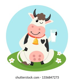 Farm cow with a glass of milk. Vector illustration for your design