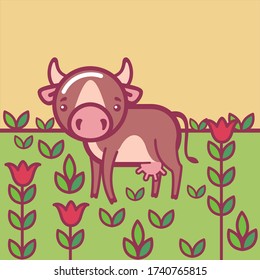 Farm. A cow grazes in a meadow.