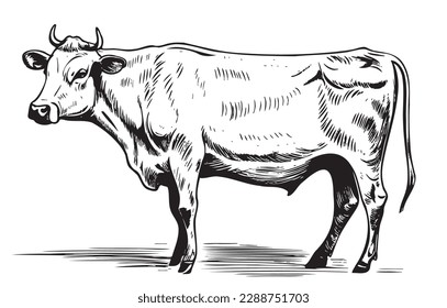 Dibujo del boceto dibujado a mano por vaca de granja, ganadería