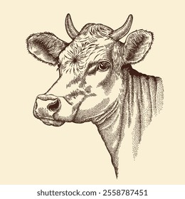 Farm cow head isolated vector illustration. Farm animal, vintage graphic style