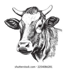 Farm cow head sketch hand drawn line art engraving Vector illustration