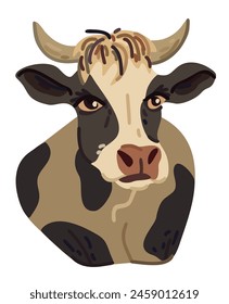 Farm cow head vector design. Cute spotted cow with long eyelashes.