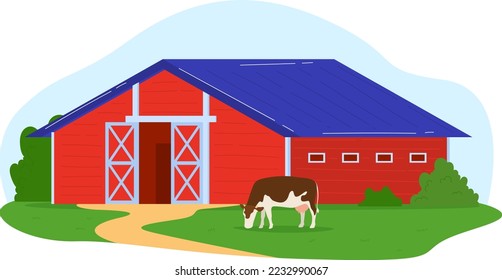 Farm with cow, isolated on white vector illustration. Animal farming background, nature agriculture field, rural milk dairy.