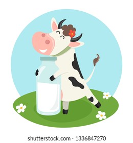 Farm cow with milk bottle. Vector illustration for your design