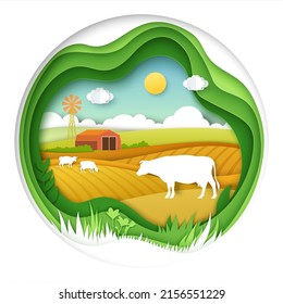 Farm with cow paper cut origami art vector. Milk and dairy production, agriculture concept. Green abstract field background of ecological country and livestock