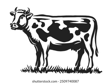 Vaca de granja de pie en un prado en pleno crecimiento, vista lateral. Granja lechera, leche, Ilustración vectorial de concepto de carne