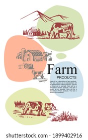 Farm with cow and text with color template background. Rustic landscape style sketch. Livestock and Cattle concept for banner, website design or landing web page.