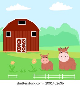Farm with cows in the field. Children's illustration about pets.