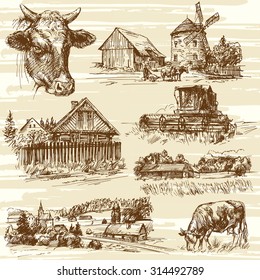 Farm, cows, harvest, rural landscape - hand drawn set