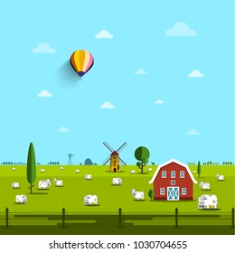 Farm with Cows on Field. Vector Rural Scene. 