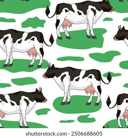 Farm cows seamless pattern colorful with cattle from farm raising animals for meat and fresh milk vector illustration