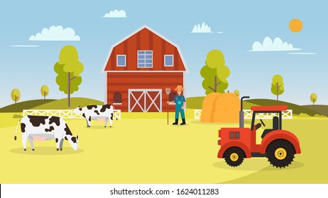 Farm with cows ,tractor, barn , farmer and hays.Landscape with farm vector illustration.Nature farm in summer