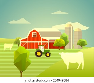 farm with cows, trees and tractor. polygon illustration