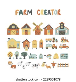 Farm creator with farmhouses, tractors, greenhouses, pets, trees and etc. Can be used for kid's rooms, t-shirt prints, cards, games, and frames. Vector set with hand-drawn elements. 