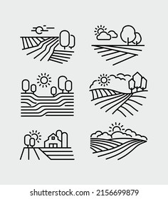 Farm Crop Fields Landscape Vector Line Icons