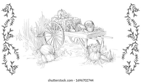 Farm crop of pumpkin,cart with vegertables, separate element with boarder from leaves in toile de jouy style