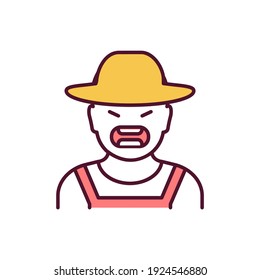 Farm cruelty RGB color icon. Angry farmer. Person in hat yelling. Human shouting. Agressive man on ranch. Unethical industry. Animal cruelty, wildlife conservation. Isolated vector illustration