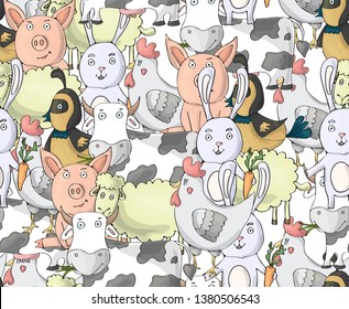 Farm cute animals collection seamless pattern with cow, hen, pig, sheep, rabbit, quail. Cartoon vector characters. Colored image