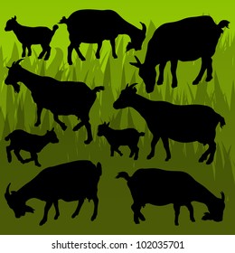 Farm dairy goats detailed silhouettes illustration collection background vector